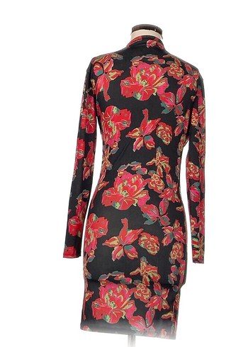 Çiçek Desenli Drapeli Uzun Kollu Mini Elbise - Görsel 3