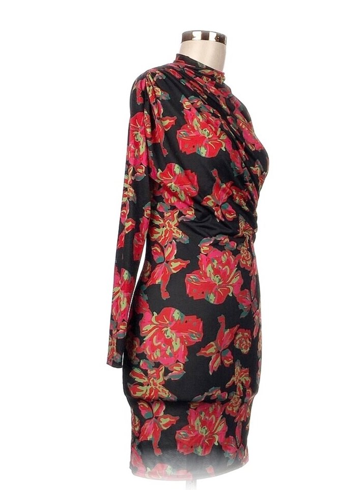 Çiçek Desenli Drapeli Uzun Kollu Mini Elbise - Görsel 2