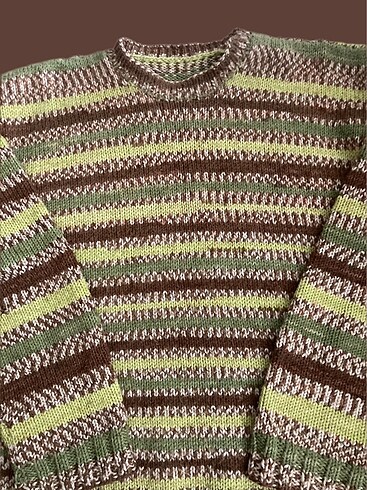 Vintage Yeşil Çizgili Kazak - Görsel 3