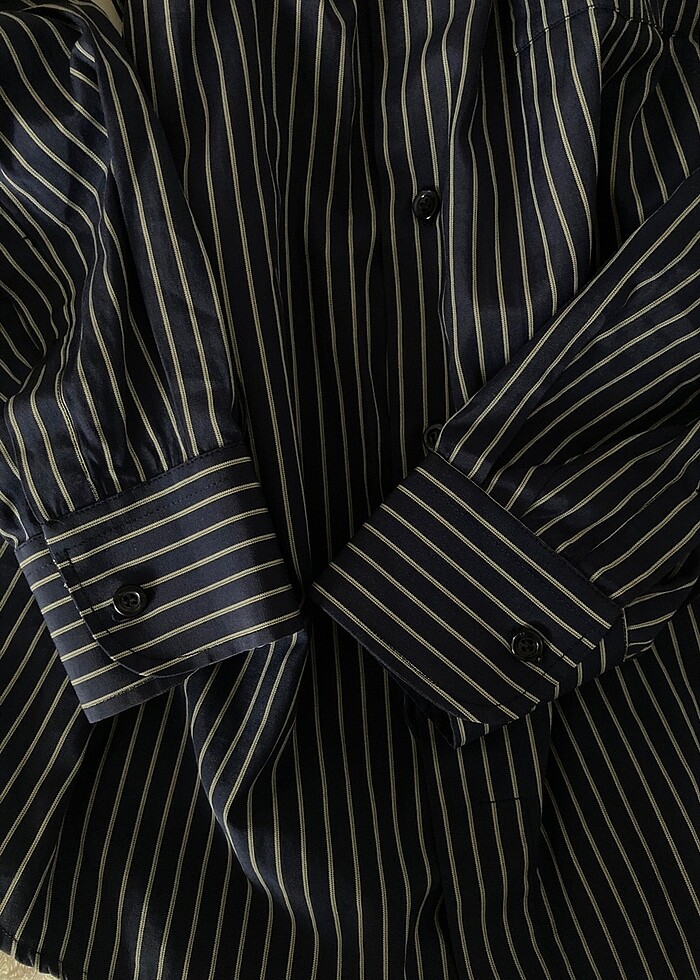 Lacivert Çizgili Oversize Vintage Gömlek - Görsel 2