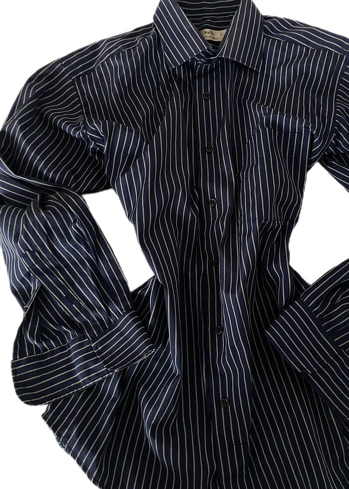 Lacivert Çizgili Oversize Vintage Gömlek - Görsel 4