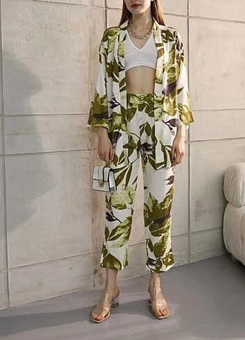 Kimono Takım Yeşil Yapraklı