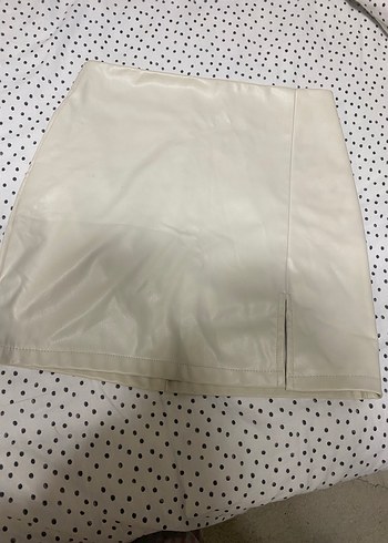 Fermuarlı Beyaz Mini deri Etek - Görsel 2