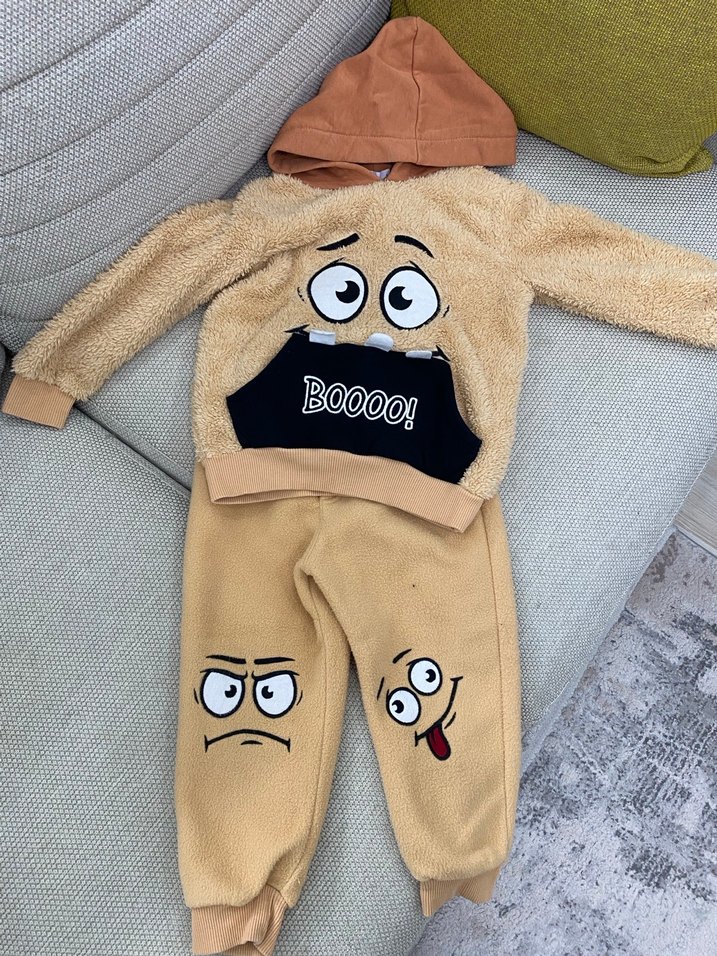 Kahverengi Peluş Kapüşonlu Bebek Takımı - Görsel 5