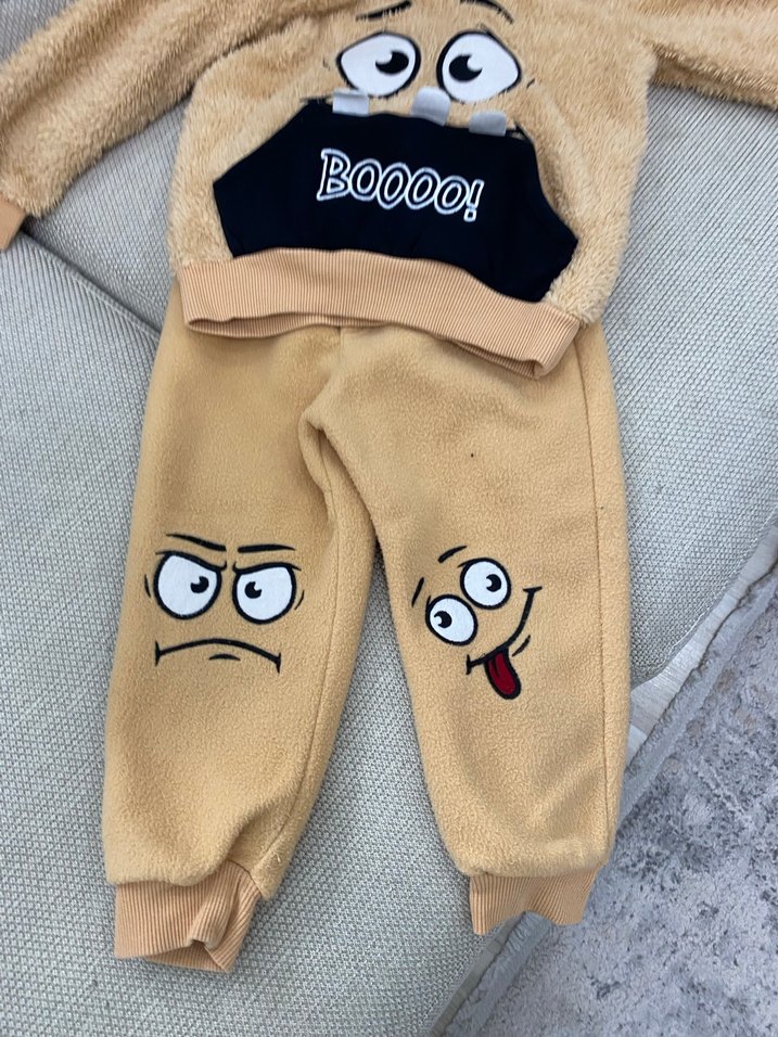 Kahverengi Peluş Kapüşonlu Bebek Takımı - Görsel 4