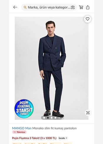 Navy Erkek Takım Elbise, Regular Fit, Notch Yaka