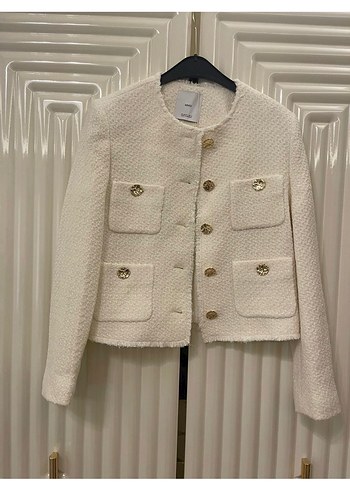 Düğmeli Beyaz Midi Kadın Ceket - Görsel 7