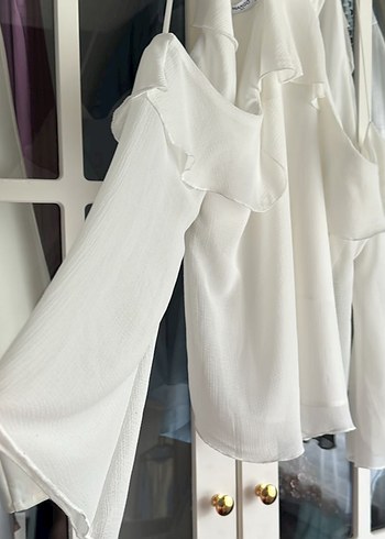 Beyaz Drapeli Askılı prenses bol Bluz - Görsel 2