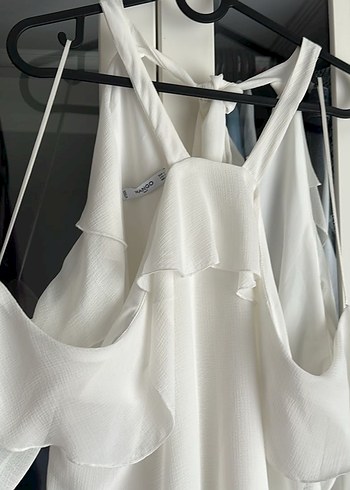 Beyaz Drapeli Askılı prenses bol Bluz - Görsel 4