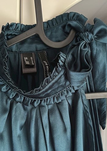 Kadın petrol yeşil Yüksek bağlama fiyonk Yakalı bluz - Görsel 3