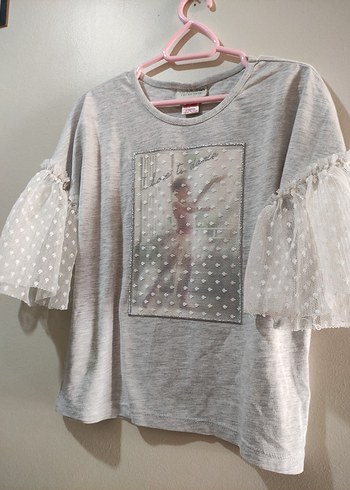 Kız Çocuk Gri Dantel Detaylı T-shirt - Görsel 2