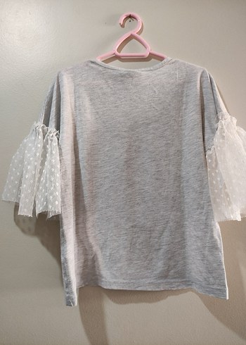 Kız Çocuk Gri Dantel Detaylı T-shirt - Görsel 3