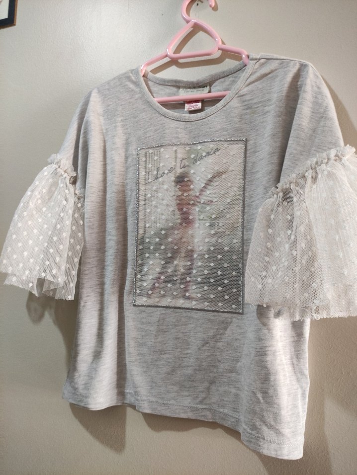 Kız Çocuk Gri Dantel Detaylı T-shirt - Görsel 2