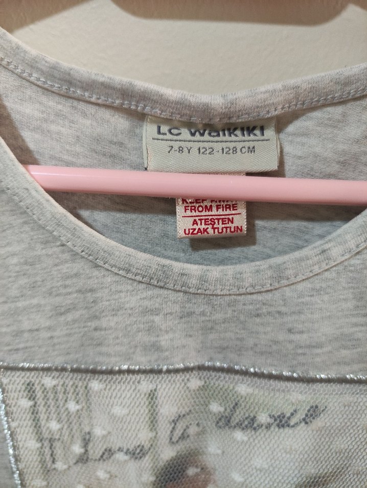 Kız Çocuk Gri Dantel Detaylı T-shirt - Görsel 4