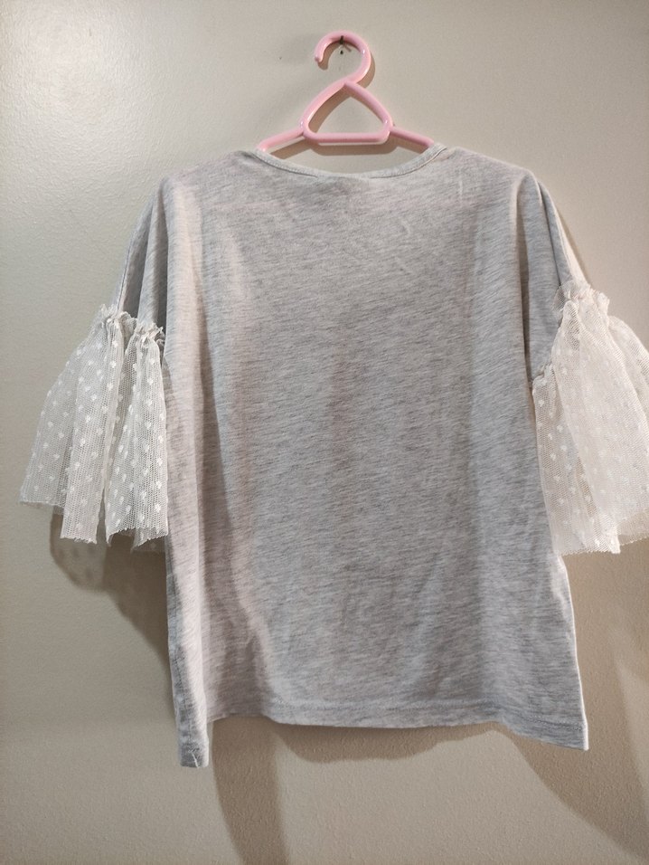 Kız Çocuk Gri Dantel Detaylı T-shirt - Görsel 3