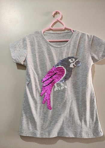 Kız Çocuk Gri Payetli Kuş Baskılı Tişört - Görsel 2