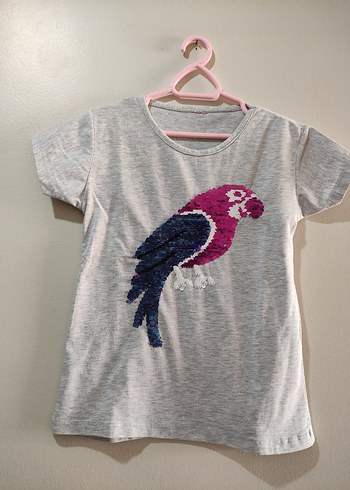 Kız Çocuk Gri Payetli Kuş Baskılı Tişört - Görsel 3