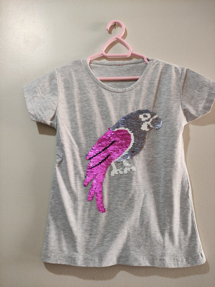 Kız Çocuk Gri Payetli Kuş Baskılı Tişört - Görsel 2