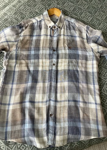 Gri krem mavi Keten uzun Kollu Erkek Gömlek - Görsel 3