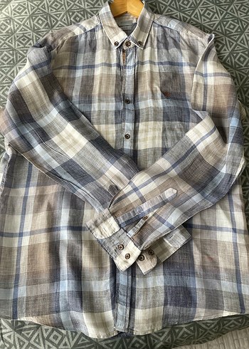 Gri krem mavi Keten uzun Kollu Erkek Gömlek - Görsel 4