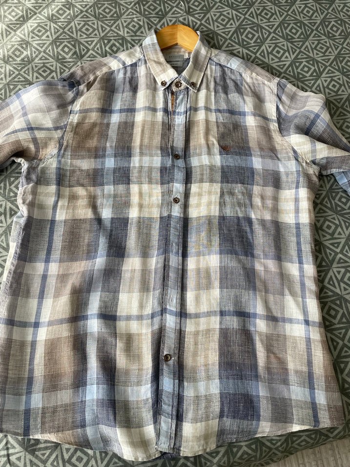 Gri krem mavi Keten uzun Kollu Erkek Gömlek - Görsel 3