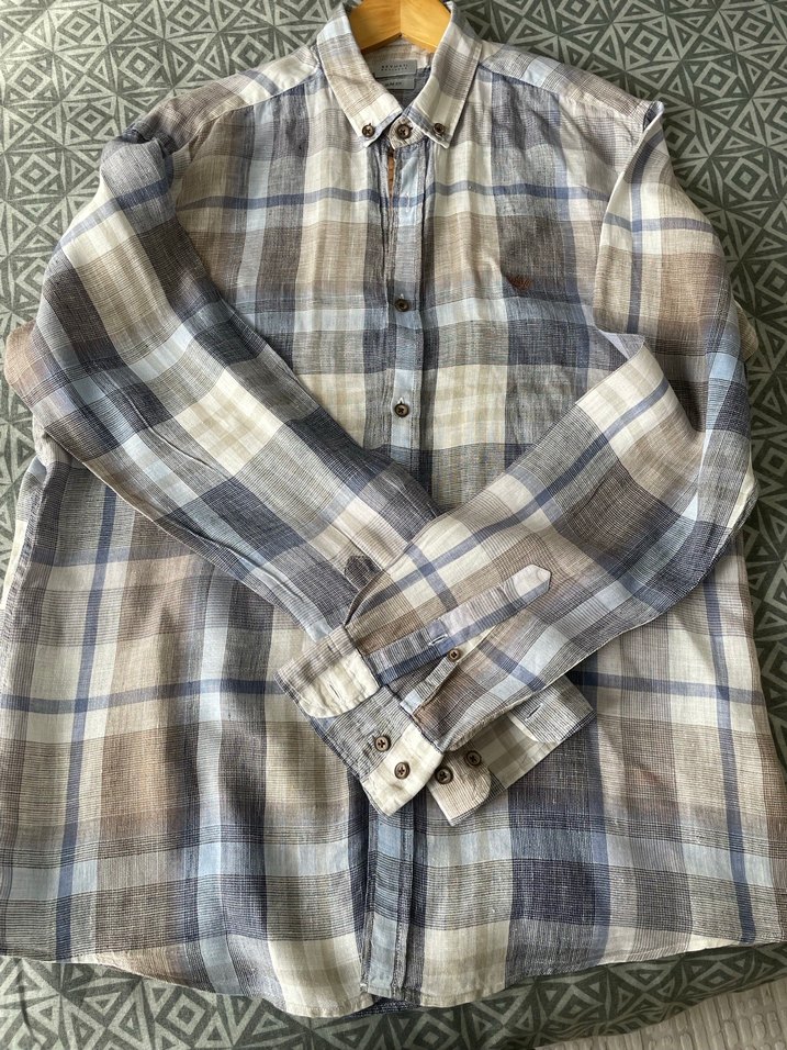 Gri krem mavi Keten uzun Kollu Erkek Gömlek - Görsel 4