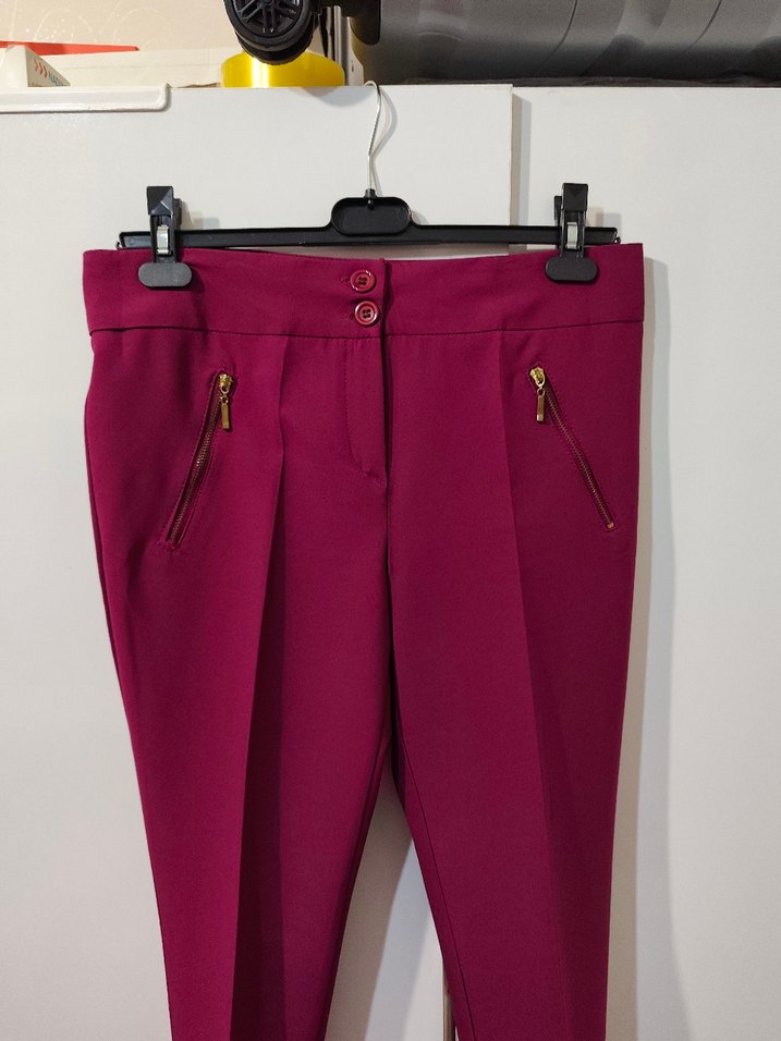 Bordo Düz Kesim Fermuarlı Kumaş Kadın Pantolon - Görsel 2