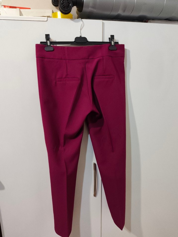 Bordo Düz Kesim Fermuarlı Kumaş Kadın Pantolon - Görsel 3