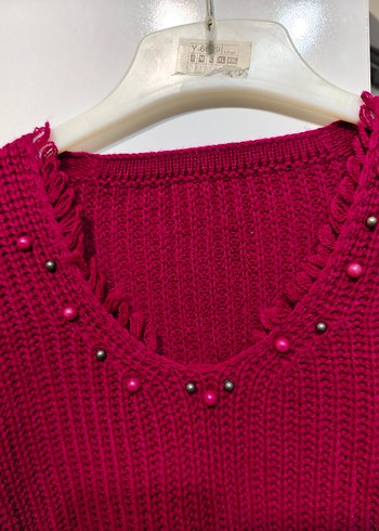 Bordo V Yaka Örgü Kadın Kazak - Görsel 4