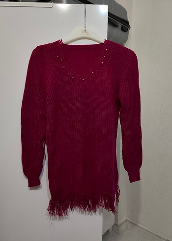 Bordo V Yaka Örgü Kadın Kazak - Görsel 2