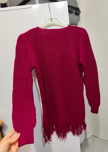 Bordo V Yaka Örgü Kadın Kazak - Görsel 5