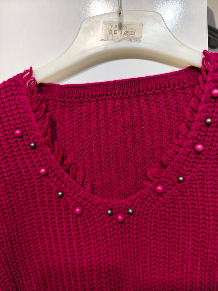 Bordo V Yaka Örgü Kadın Kazak - Görsel 4