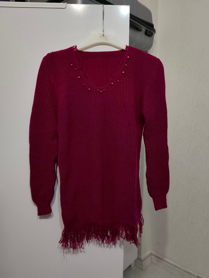 Bordo V Yaka Örgü Kadın Kazak - Görsel 2