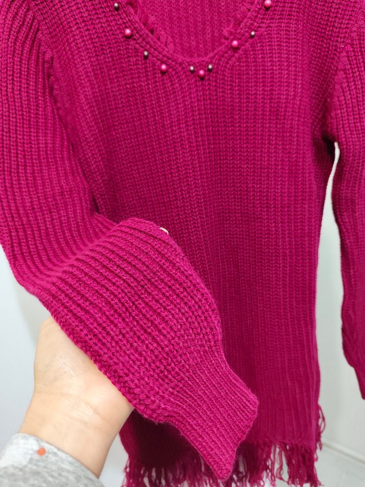 Bordo V Yaka Örgü Kadın Kazak - Görsel 3