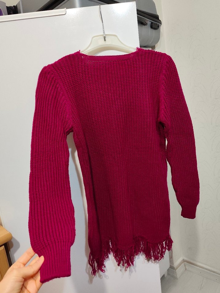 Bordo V Yaka Örgü Kadın Kazak - Görsel 5