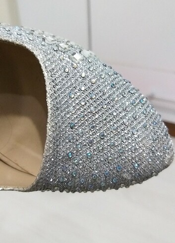 Gümüş renk taşlı abiye topuklu ayakkabı platform - Görsel 5