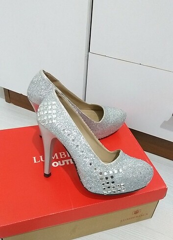 Gümüş renk taşlı abiye topuklu ayakkabı platform - Görsel 7