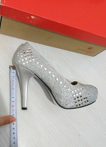 Gümüş renk taşlı abiye topuklu ayakkabı platform - Görsel 8