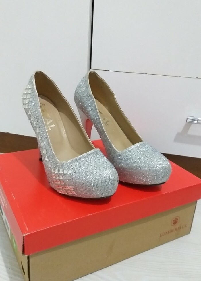 Gümüş renk taşlı abiye topuklu ayakkabı platform - Görsel 3