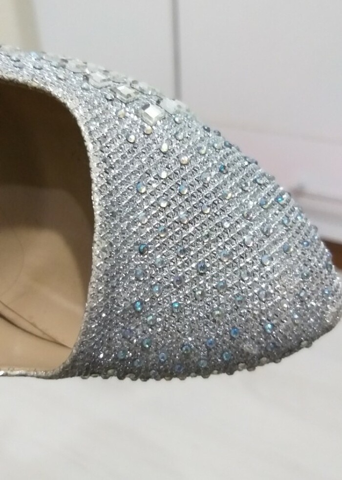 Gümüş renk taşlı abiye topuklu ayakkabı platform - Görsel 5