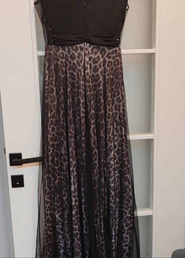 Siyah Leopar Desenli Straplez Uzun Elbise - Görsel 2
