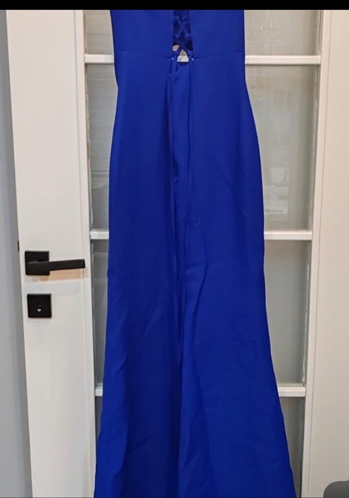 Mavi V Yaka Uzun Abiye Elbise - Görsel 2