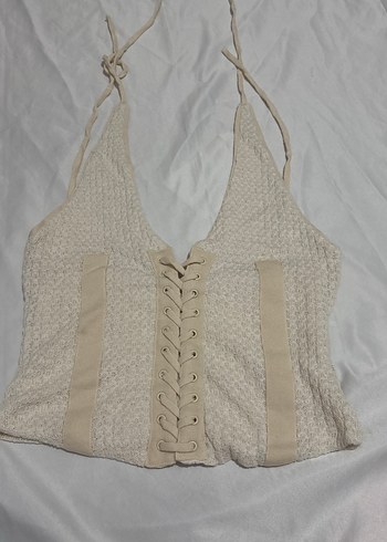Mango Ekru Halter Yaka Dantel Krop