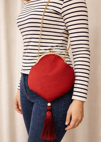 Kırmızı Püsküllü Kadın Saten Portföy Çanta - Görsel 2