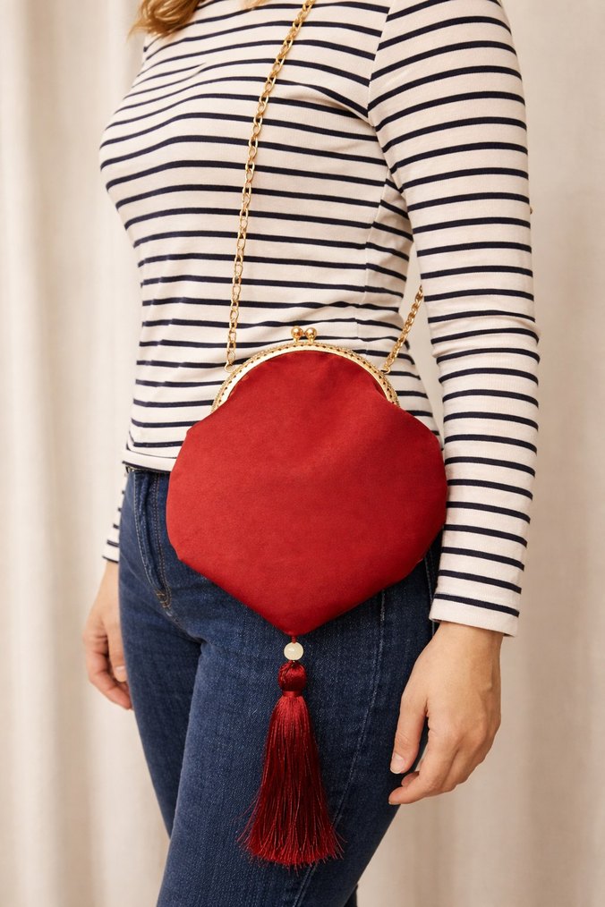 Kırmızı Püsküllü Kadın Saten Portföy Çanta - Görsel 2