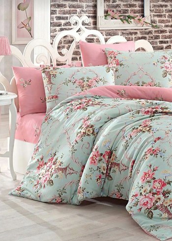 Özdilek Mint-Pembe Çiçek Desenli Nevresim Takımı
