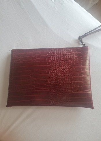 Beden Bordo Yılan Derisi Desenli Deri Clutch Çanta