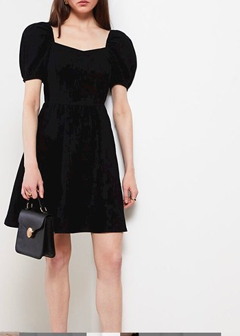 Siyah  Midi Elbise, V-Yaka, Kısa Kollu - Görsel 2