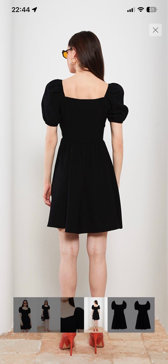 Siyah  Midi Elbise, V-Yaka, Kısa Kollu - Görsel 3