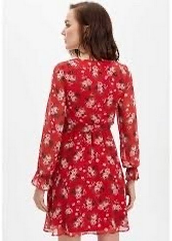 Kırmızı Çiçek Desenli Uzun Kollu Midi Elbise - Görsel 2